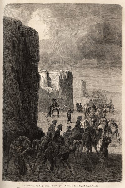 La carovana degli Hajis (pellegrini musulmani) a Korantaghi (Persia, Iran). Disegno di Emile Bayard per illustrare il viaggio in Asia Centrale, nel 1863, di Arminius Vambery (scienziato ungherese travestito da derviscio). Incisione in "Le tour du monde" da Unknown artist