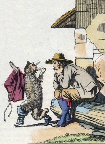 Il gatto chiede al suo padrone vestiti e stivali e promette di diventare presto ricco. Illustrazione della fiaba di Charles Perrault "Il gatto con gli stivali" da Unknown artist