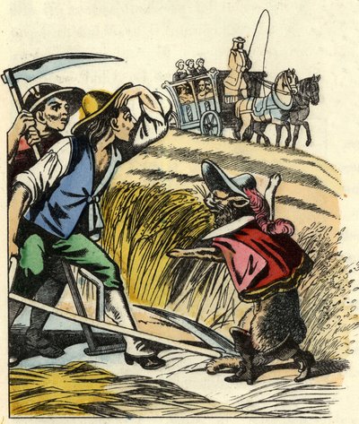 Il gatto costringe i contadini a dire che il campo in cui mietono il grano appartiene al Marchese di Carabas. Illustrazione della fiaba "Il gatto con gli stivali" di Charles Perrault da Unknown artist