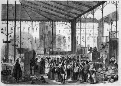 Il mercato centrale di Parigi: il mercato del pesce nel 1858. da Unknown artist