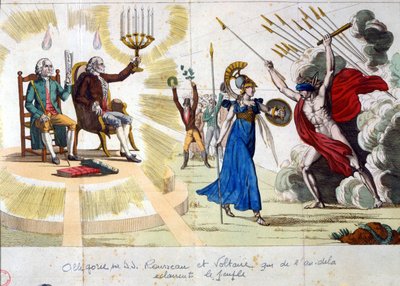 Il secolo dei Lumi: i filosofi Jean Jacques Rousseau e Voltaire, dal passato, illuminano il popolo - allegoria da Unknown artist