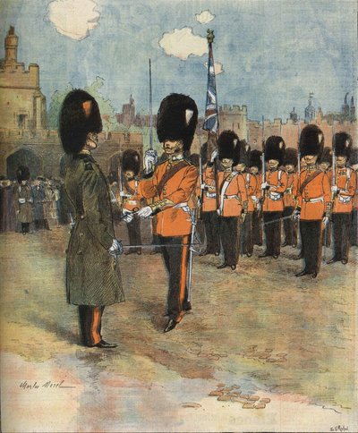 Il cambio della guardia a Buckingham Palace a Londra nel 1893. Illustrazione di M.C. Morel. Collezione Bianchetti. da Unknown artist