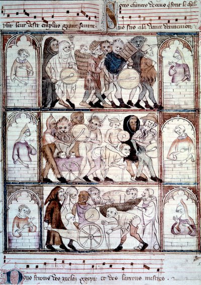 La festa del charivari per il matrimonio di Fauvel. Processione di musicisti e travestiti. Miniatura dal manoscritto 
