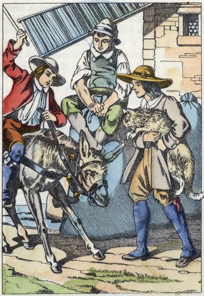 I figli del mugnaio, appena morto, dividono i suoi beni: asino, mulino e gatto. Illustrazione della fiaba "Il gatto con gli stivali" di Charles Perrault da Unknown artist
