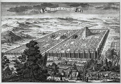Le mura della città di Babilonia che circondano i giardini pensili e la torre di Babele da Unknown artist