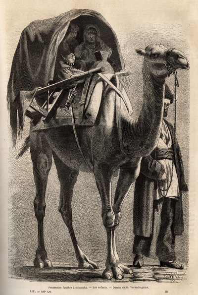 La processione commemorativa del martire di Hossein, dopo il passaggio dei martiri e dei penitenti, le donne partecipano alla processione, nascondendosi a metà sui cammelli, guidati dal capo famiglia. Incisione per illustrare il viaggio nelle province del  da Unknown artist