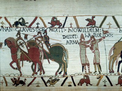 La conquista della Bretagna da parte del Duca di Normandia Guglielmo il Conquistatore: a sinistra il duca riceve le chiavi della città di Dinan, a destra fa cavaliere Harold, inviato dal re inglese Edoardo il Confessore (dettaglio) da Unknown artist