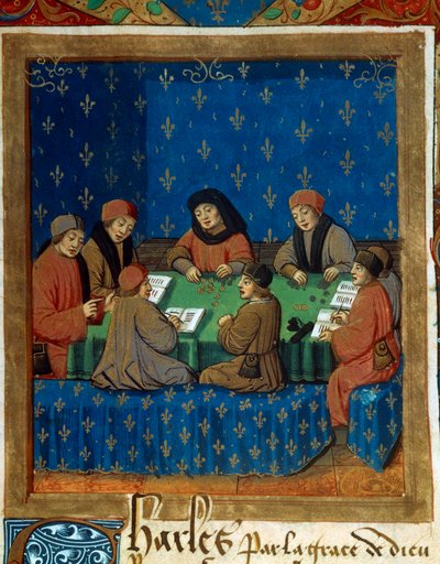 I contatori del Tesoro Reale Miniatura tratta da un manoscritto su argento (probabilmente De Moneta) di Nicolas Oresme da Unknown artist