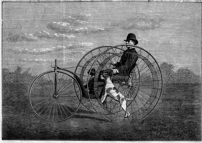 Il cinofere: velocipede guidato da cani. Invenzione della fine del XIX secolo. Incisione in 