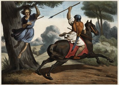 La morte di Assalonne. Dopo la sconfitta contro le truppe di suo padre, Assalonne rimase sospeso dai rami di un albero fuggendo dal campo di battaglia. Jaob pianta tre spie nel cuore del giovane. Incisione anonima della metà del XIX secolo. da Unknown artist