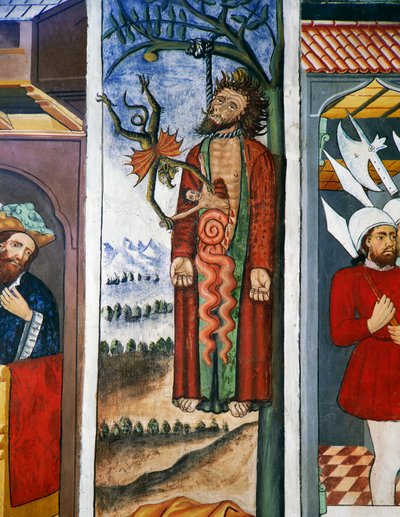La morte di Giuda, Vita di Cristo (XV secolo), affreschi, Cappella di San Sebastiano, Villard-de-Lans, Rodano-Alpi, Francia da Unknown artist