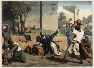 La morte di Santo Stefano: Santo Stefano lapidato dagli ebrei è considerato il primo martire cristiano. Incisione anonima della metà del XIX secolo. da Unknown artist