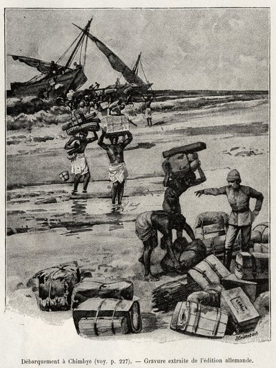 Lo sbarco a Chimbye (Tanzania) della spedizione Peters (incisione) da Unknown artist