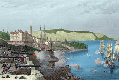 La difesa del Quebec da parte del conte Louis de Buade, conte di Frontenac (1622-1698) il 16/10/1690. Incisione colorata in Histoire generale de la marine di Van Tenac da Unknown artist