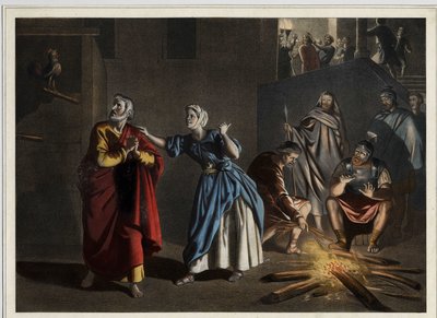 Il rinnegamento di San Pietro: come Cristo aveva predetto, San Pietro rinnega Cristo tre volte mentre il gallo annuncia il giorno. Incisione anonima della metà del XIX secolo. da Unknown artist