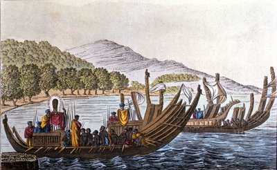 La partenza dei polinesiani per il Pacifico a bordo di canoe a doppio scafo. Litografia dell