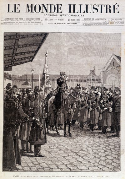 La partenza della Compagnia del 200º Reggimento. Saluto alla bandiera alla Gare de Lyon. "Il Mondo Illustrato". 23/03/1895. Disegno da Unknown artist