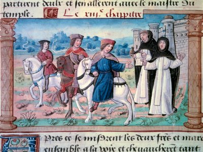 Le partenze dei fratelli Niccolò e Matteo Polo, padre e zio del giovane Marco Polo (1254-1324) con il giovane intorno al 1271. Miniatura tratta da 