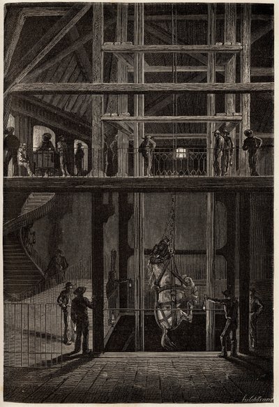 La discesa di un cavallo nelle miniere di Creusot, utilizzato nei tunnel sotterranei per il trasporto dei carrelli del carbone. Incisione per illustrare un viaggio a Creusot e alle miniere di Saone e Loire, nel 1865, di L. Simonin, in 