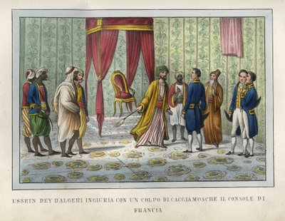 Il dey di Algeri, Hussein, si giudica offeso dal console francese Pierre Deval e gli soffia il ventaglio in aprile 1827. Questo episodio fu decisivo nell