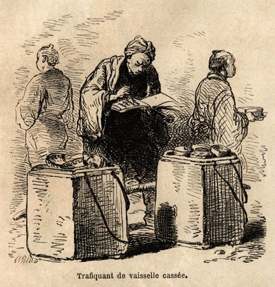Il venditore di piatti sporchi. Incisione per illustrare il viaggio in Giappone, di Aimé Humbert, ministro della Confederazione Svizzera, nel 1863-1864, pubblicato in "Le tour du monde", sotto la direzione di Edouard Charton, Hachette, Parigi 1869. Collezi da Unknown artist