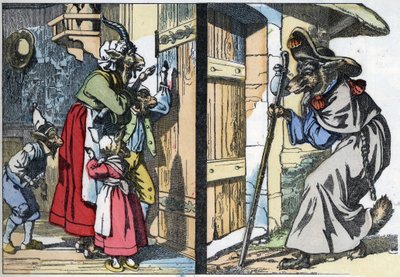 Il lupo travestito bussa alla porta della casa con la capra e i capretti. Illustrazione del racconto "Compere le Loup, Maitre Renard, Comere la Chevre et ses petits biquets" dopo una favola di Jean de la Fontaine. In "Racconti dalla casa per i piccoli". da Unknown artist
