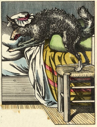 Il lupo travestito prende il posto della nonna nel letto. Illustrazione della fiaba "Cappuccetto Rosso" di Charles Perrault da Unknown artist
