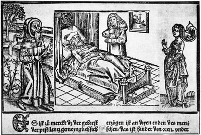 Il medico a letto del pestifero, incisione su legno del "Liber pestilentialis" di Jérôme Brunschwig, Strasburgo da Unknown artist