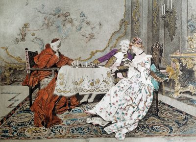 La doppia parte Un cardinale gioca una partita a scacchi contro un giovane impegnato in un gioco di seduzione con una giovane donna vicino a lui. Illustrazione del XIX secolo. Parigi, Arti Decorative da Unknown artist