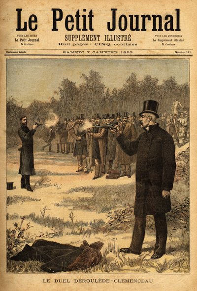 Il duello con la pistola (vietato in Francia dal 1626) tra i deputati Paul Deroulede (1846-1914) e Georges Clemenceau (1841-1929), senza danni. Incisione in 