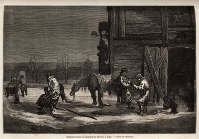 Il ferrant maresciallo, nel sobborgo di Mosca. Disegno di Henriet, per illustrare il suo viaggio nelle province baltiche russe nel 1851-54. Incisione in "Le tour du monde", a cura di Edouard Charton da Unknown artist