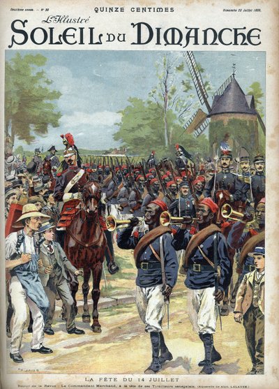 La festa del 14 luglio: il comandante Marchand guida i cavalieri senegalesi. Incisione in "Le sun-du-dimanche", 23 luglio da Unknown artist
