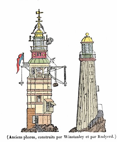 Il primo e il secondo faro di Eddystone. Il primo, costruito nel 1696, scomparve una notte di tempesta nel 1703; il secondo crollò nel 1775 a causa di un incendio da Unknown artist