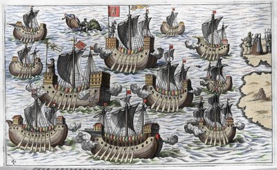 La flotta di Cristoforo Colombo per conquistare il nuovo mondo - in "Nova Tipus Transacto Navigatio Novi Orbi" di Philoponus Honorius da Unknown artist