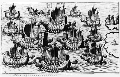 La flotta di Cristoforo Colombo per conquistare il nuovo mondo - in "Nova Tipus Transacto Navigatio Novi Orbi" di Philoponus Honorius da Unknown artist