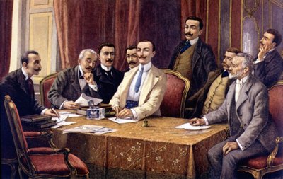 I fondatori della Fiat di L. Delleani (1840 - 1908). Da sinistra (seduti): Conte Bisometti, Avvocato Racca, Conte Bricherasso, Ceriana, Giovanni Agnelli, Avvocato Scarfiotti, Ferrero e (in piedi) Luigi Damevino e Avvocato Goria Gatti. Sd. fine XIX secolo da Unknown artist