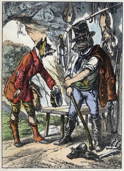 La volpe e il lupo. Illustrazione della fiaba "Buona Mamma Pecora". In "Fiabe della casa per i piccoli". Incisione anonima del XIX secolo da Unknown artist