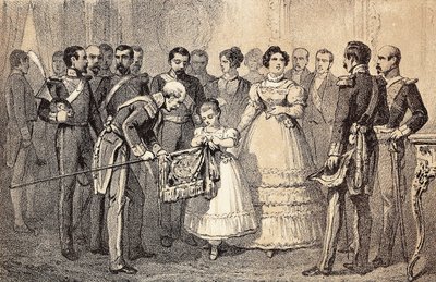 La futura regina di Spagna Isabella II che decora la bandiera delle Lance della Guardia dell