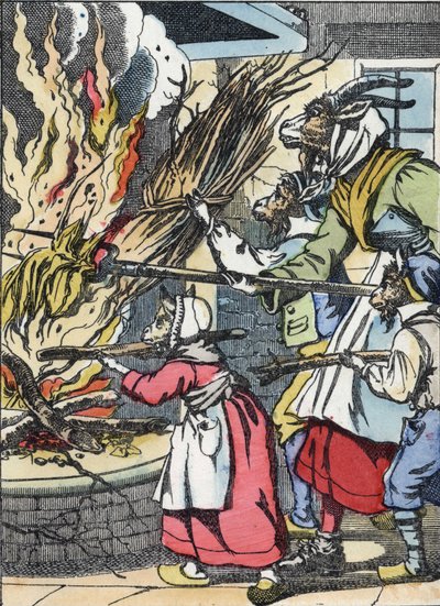 La capra e i gingilli accendono il camino. Illustrazione della fiaba "Compere le Loup, Maitre Renard, Comere la Chevre et ses petits biquets" di Jean de la Fontaine. In "Fiabe della casa per i piccoli". Incisione anonima da Unknown artist