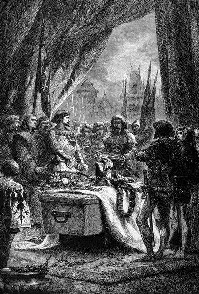 Il governatore depone le chiavi di Chateauneuf de Randon sulla bara di Bertrand Du Guesclin (1320 - 1380), un uomo di guerra bretone e patriota francese contro gli inglesi. Incisione del XIX secolo da Unknown artist