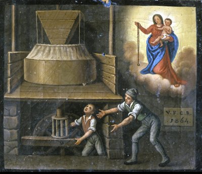 La mano di un giovane lavoratore intrappolata in una macina da Unknown artist