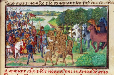 Il re di Macedonia Iskandar (o Alessandro Magno) (356 - 323 a.C.) incontra mostri che gli fanno doni da Unknown artist