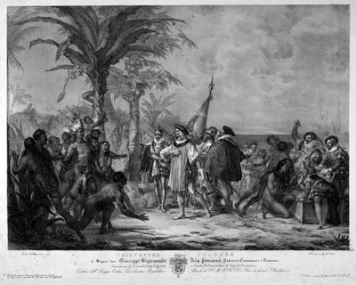 Lo sbarco di Cristoforo Colombo a San Salvador (Bahamas) il 12/10/1492. Incisione del XIX secolo da Unknown artist