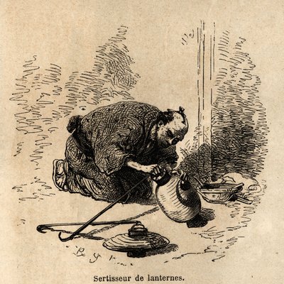 Il crimpatore di lanterne, senza alcun strumento se non una pinza, adatta alle lanterne di carta la loro struttura di cerchi e ganci di filo da Unknown artist