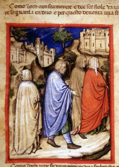 La fuga di Lot e sua moglie trasformata in statua di sale per essersi voltata indietro. Miniatura dal codice 212 (o codice padovano o Bibbia di Padova) 1390-1400 Rovigo, Accademia dei Concordi da Unknown artist