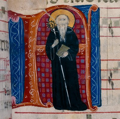 La lettera A con una rappresentazione di San Benedetto: f.70r di un Antifonario da Unknown