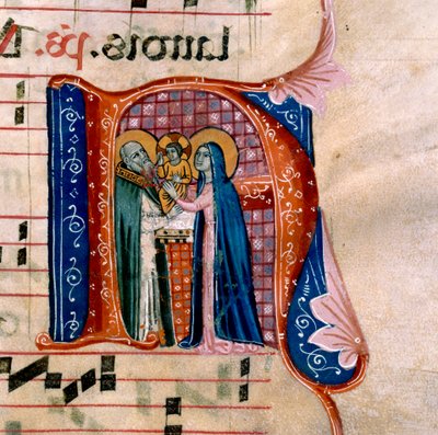 La lettera "N" con una raffigurazione della Presentazione al Tempio: f.36v dell