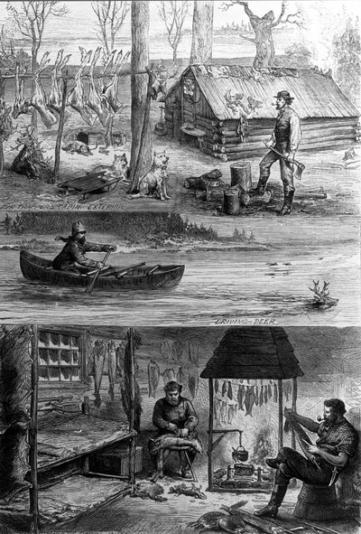 La vita dei trapper (cacciatori professionisti) in Canada: in alto, uno dei trapper vicino alla sua capanna, in basso, lavorano la pelle e estraggono la pelliccia dalla pelle delle barbabietole. Incisione del XIX secolo da Unknown artist