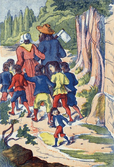 Il piccolo Pollicino semina sassi lungo il suo cammino. Illustrazione per 