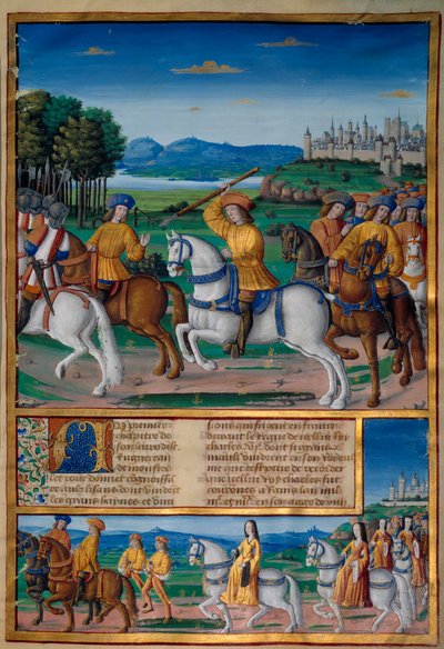 La follia di Carlo VI (1368-1422). Il 5 agosto 1392, nella foresta di Le Mans, iniziò a manifestare attacchi di furiosa follia: urlando per tradimento, attaccò la sua stessa truppa e uccise quattro persone. Cronache di Enguerrand de Monstrelet da Unknown artist